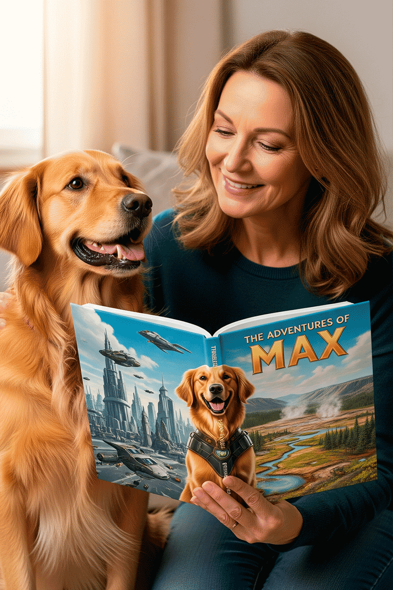 dog-story-book-game woman reading book with dog